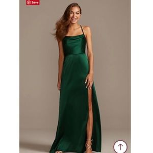 David’s Bridal DB Studio Shiny Satin Charmeuse Cowl Neck Gown With Slit